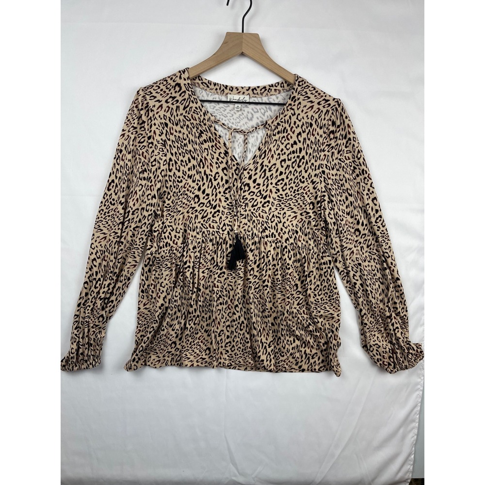 Wonderly Leopard Print Babydoll Top Long Sleeve Tassel Tie V-Neck Blouse M